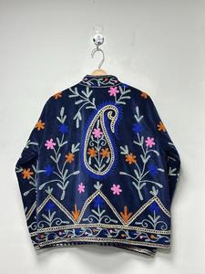 Vintage Navy Blue <b>Velvet</b> Suzani Embroidered <b>Jacket</b> with Floral Pattern Full Sleeve Stand Collar Bohemian <b>Women's</b> Autumn Coat - Product Image 3