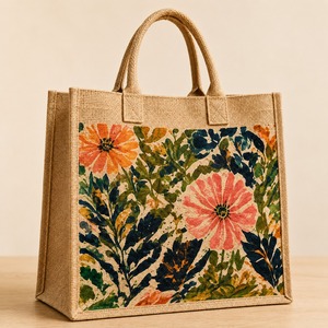 Sac fourre-tout en jute de taille moyenne avec logo personnalisé, fermeture à glissière, motif floral, pour un usage quotidien et pour offrir en cadeau - Product Image 2