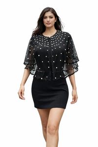 Women's Black Sheer <b>Poncho</b> Cape with Pearl Embellishments, Lace Trim Detail, Bell Sleeves - Product Image 1
