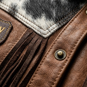 Womens Western <b>Fringe</b> Leather <b>Jacket</b> Real Cowhide Hair On Hide Vintage Brown Distressed Country Cowgirl Outerwear Coat - Product Image 6