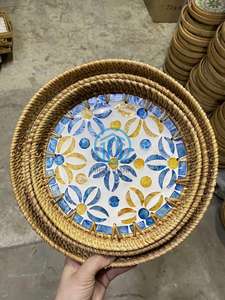 Heritage Craft Rattan Serving Tray with Intricate Mother of Pearl Shell Mosaic Handwoven <b>Frame</b> Decorative Artisan Tray Display - Product Image 4