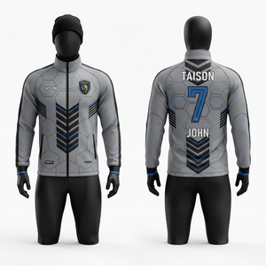 Chaqueta de Entrenamiento de Fútbol Personalizada, Impermeable, Ecológica, con Capucha, de Poliéster de 280 GSM, en Gris, Negro y Azul, para Equipos - Product Image 1