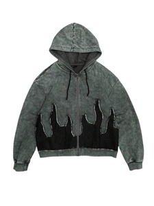 Sudadera con capucha vintage con cremallera lavada y detalle de puntada de llama negra, Sudadera con capucha desgastada en blanco de Terry francés de algodón para hombre, chaqueta con - Product Image 6