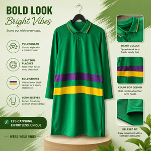 Robe polo verte pour femme, manches longues, détails à rayures contrastées, patte de boutonnage et coupe décontractée, confortable et décontractée - Product Image 3