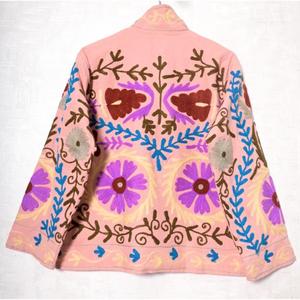 Pink Floral Embroidered Cotton <b>Jacket</b> <b>Mandarin</b> <b>Collar</b> Full Sleeve Handmade Ethnic Style Spring Wear - Product Image 4