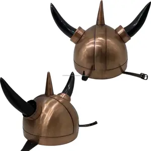 Viking boynuz ortaçağ zırh kask cadılar bayramı Cosplay kostüm savaşçı kask bakır lehçe zırh 18 ölçer çelik kostüm