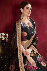 Black Floral Print <b>Lehenga</b> Choli Silk Saree Set Embroidered Festival Wedding Outfit - Product Image 3