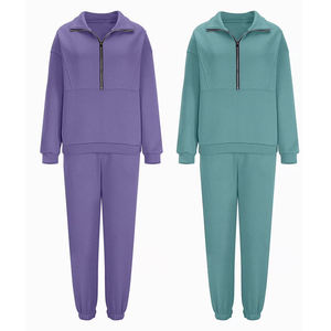 Conjunto de Sudadera con Media Cremallera y Pantalones Deportivos para Mujer, Color Morado Sólido, Tejido de Punto, Mezcla de Algodón, Manga Larga, Ropa Casual de Otoño - Product Image 6