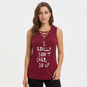 Camiseta sin mangas de punto cruzado color granate para mujer, con estampado 'I Really Don't Care', informal, sin mangas, de secado rápido, transpirable, 180g, 100% algodón - Product Image 3