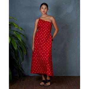 Vestido midi rojo para mujer, cuello redondo, sin mangas, estampado a cuadros, de algodón tejido, ecológico, estilo vintage, informal, para fiesta, verano, corte holgado, con cinturón. - Product Image 1