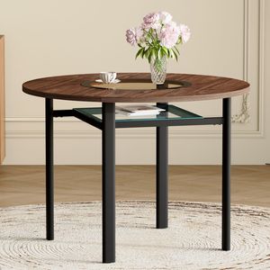 Tavolo da Pranzo Moderno Minimalista da 42 Pollici in Legno Marrone con Inserto in Vetro Marrone e Supporto in Metallo Stabile per 4-6 Persone - Product Image 3