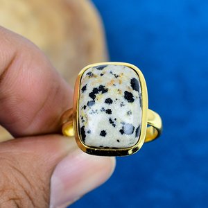 Bagues en pierre précieuse de jaspe dalmatien naturel faites à la main, forme coussin, plaqué or 18 carats sur argent sterling 925 - Product Image 2