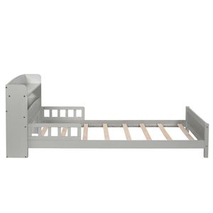 Letto in Legno di Pino con Luce LED a Sensore di Movimento, Sponde di Sicurezza e Libreria Integrata, Testiera Grigia - per Bambini - Product Image 2