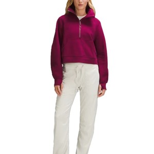 Sudadera con capucha y cremallera de un cuarto para mujer, de color sólido, forro polar, manga larga, transpirable, informal, con bolsillo. - Product Image 6