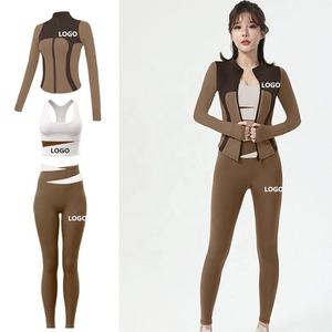 Conjunto de yoga de 3 piezas personalizado para mujer 2026: Ropa de gimnasio, sujetador deportivo, leggings y chaqueta con cremallera. - Product Image 4