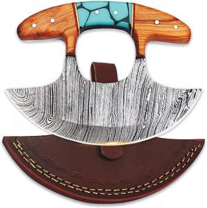 Cuchillo Ulu de Acero de Damasco con Mango de Madera de Olivo y Resina Turquesa, Cuchillo de Cocina Ulu de Alaska para Picar Hierbas, Directo de Fábrica, OEM, ODM - Product Image 1