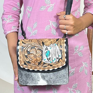 Handcrafted Genuine Cowhide <b>Leather</b> Crossbody Bag Western Floral <b>Tooled</b> Purse Hair-on Hide Shoulder Bag Vintage Style for Women - Product Image 4
