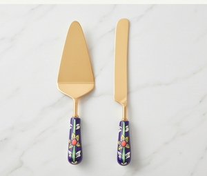 Juego de Servir Pasteles de Acero Inoxidable con Asa de Cerámica con Estampado Floral Azul, Perfecto para Celebraciones Especiales - Product Image 1