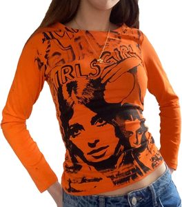 Denim Chiffon Knitted Anti-Pilling Logo Print Long Sleeve Y2K Style Casual T-shirt Women's - Product Image 1