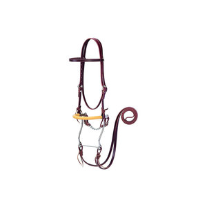 Cabezada de cuero marrón con boquilla amarilla y bocado metálico para uso ecuestre - Product Image 1