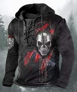 Sudadera con Capucha Vintage de Calavera para Hombre, Oversize, de Algodón, con Lavado Ácido, Efecto Desgastado, Forrada, con Logotipo Personalizado - Product Image 1