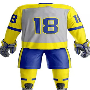 Conjunto de Uniforme de Hockey para Hombre, Jersey y Pantalones Cortos Amarillos, Azules y Grises, Talla 18, Impresión por Transferencia de Calor, Transpirable, 100% Poliéster, Sin Costuras para Adultos - Product Image 2