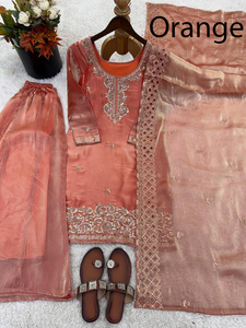 Ensemble 3 pièces brodé et imprimé en soie pour femme, idéal pour le bureau, les mariages et les fêtes, avec Kurta, Sharara et Dupatta – Prix de gros - Product Image 4