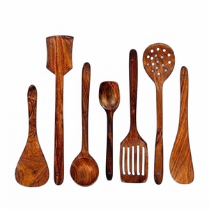 Ensemble d'ustensiles de cuisine en bois faits à la main, cuillères de cuisson naturelles, spatule en bois, louche, écumoire pour ustensiles de cuisson antiadhésifs - Product Image 1