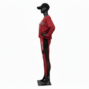 Conjunto de camiseta y leggings de algodón y poliéster premium para mujer, 280 GSM, rojo, negro, con panel de malla y logotipo personalizado. - Product Image 3