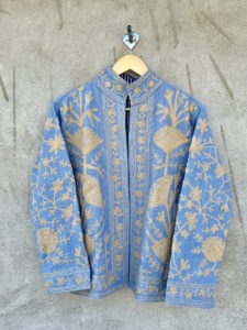 Blue Hand Embroidered Floral <b>Velvet</b> Breathable Eco-Friendly Winter Full Sleeve O' Neck Collar Women's Jacket Cotton Material - Product Image 1