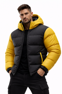 Veste matelassée noire et jaune pour homme, à capuche, imperméable, écologique, chaude, avec fermeture éclair sur le devant, style streetwear - Product Image 4