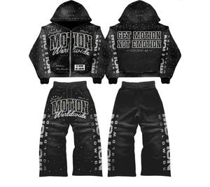 Conjunto de Sudadera y Pantalones Deportivos Vintage Desgastados Personalizados de la Marca TAHAD, con Cierre de Cremallera y Pedrería, Estilo Oversize para Hombre - Product Image 1