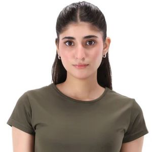 Camiseta de Manga Corta para Mujer, Color Verde Oliva, Cuello Redondo, Ajustada, Informal, Básica, Lisa, de Color Sólido, para Uso Diario, Personalizable, al por Mayor - Product Image 2