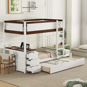 Letto a castello bianco e noce con letto estraibile a una piazza e mezza e scrivania per bambini - Product Image 1