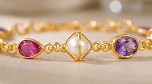 Multi <b>Gemstone</b> <b>Bracelet</b> with Natural Ruby, Amethyst & Pearl in 925 Sterling Silver Gold Plated Bezel Set Link <b>Bracelet</b> - Product Image 3
