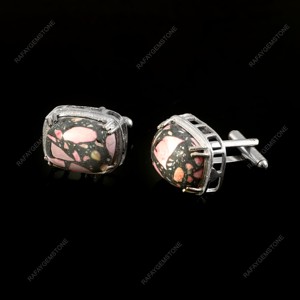 Boutons de manchette en agate naturelle et laiton, plaqués argent, ton argenté, pour chemise formelle, élégants, pour mariage, Noël, cadeau pour homme, bijoux du Rajasthan - Product Image 2