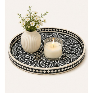 Plateau rond en nacre incrustée, mosaïque florale noire, plateau décoratif pour table basse, plateau de service pour salon, fabricant - Product Image 3