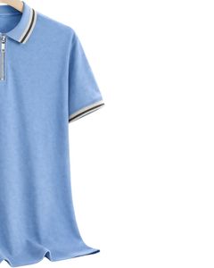 Polo pour homme bleu clair à col zippé, manches courtes, col côtelé, décontracté, pour le golf, en mélange de coton, fabrication sur mesure - Product Image 3