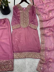 Ensemble Kurta et pantalon en soie rose avec dupatta, tenue traditionnelle indienne et pakistanaise pour mariage, longueur cheville, coupe classique pour femme - Product Image 4