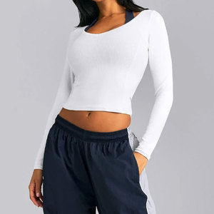 Venta de Fábrica: Camiseta Deportiva de Yoga para Mujer, Cuello Ancho, Corte Recortado, Manga Larga, Material Acanalado, Alta Elasticidad, para Verano - Product Image 3