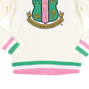 Suéter con cuello en V color marfil, también conocido como Ivory, con ribete rosa y verde, jersey bordado con escudo, top de punto, ropa informal elegante para mujer - Product Image 6