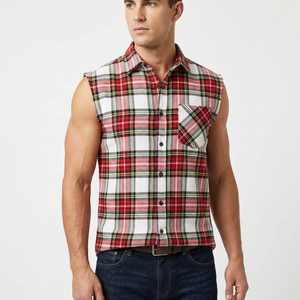 Premium Customized Print <b>Men</b> Sleeveless Plaid Flannel <b>Shirt</b> Button Down <b>Collar</b> Casual 100% Cotton Breathable Woven Plaid <b>Shirts</b> - Product Image 4
