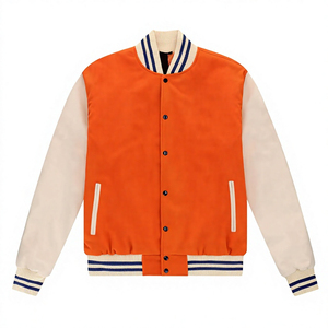 Chaqueta Varsity para Hombre con Bloques de Color, Naranja con Mangas en Crema, Cuello Acanalado, Cierre de Botones, para Otoño - Product Image 1