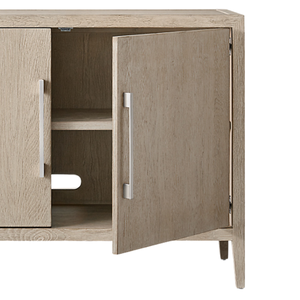 Contemporary Modern Solid Teak <b>Sideboard</b> Compact Two Door <b>Storage</b> Cabinet Internal Shelves Natural Finish Dining Room - Product Image 4