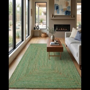Tapis de salon moderne en jute rayé, rectangulaire, à tissage plat, écologique, motif géométrique vert, à poils courts - Product Image 5