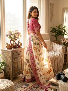 Sari en soie chinon imprimé par des designers, orné de sequins et de broderies sur la bordure, accompagné d'un chemisier Banglory entièrement cousu. - Product Image 2