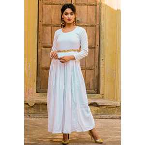 Robe blanche brillante à sequins, éco-responsable, col rond, taille empire, silhouette droite - Product Image 4