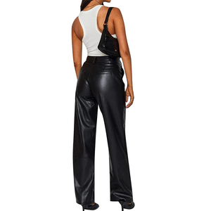 Pantalones de Cuero para Mujer, Color Sólido, Cintura Alta, Pierna Recta, Estilo Vintage de los 90, Pantalones de Calle con Bolsillos - Product Image 3