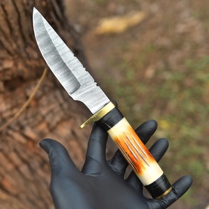 Cuchillo de caza hecho a mano de acero de Damasco con punta de gota, mango de hueso y micarta, funda de cuero, cuchillos plegables de supervivencia al por mayor - Product Image 3