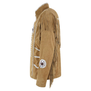 Wholesale Genuine Cow <b>Suede</b> Leather Western Beige <b>Jacket</b> Men's Cowboy Fringe Coat Custom OEM ODM Private Label Manufacturer - Product Image 2
